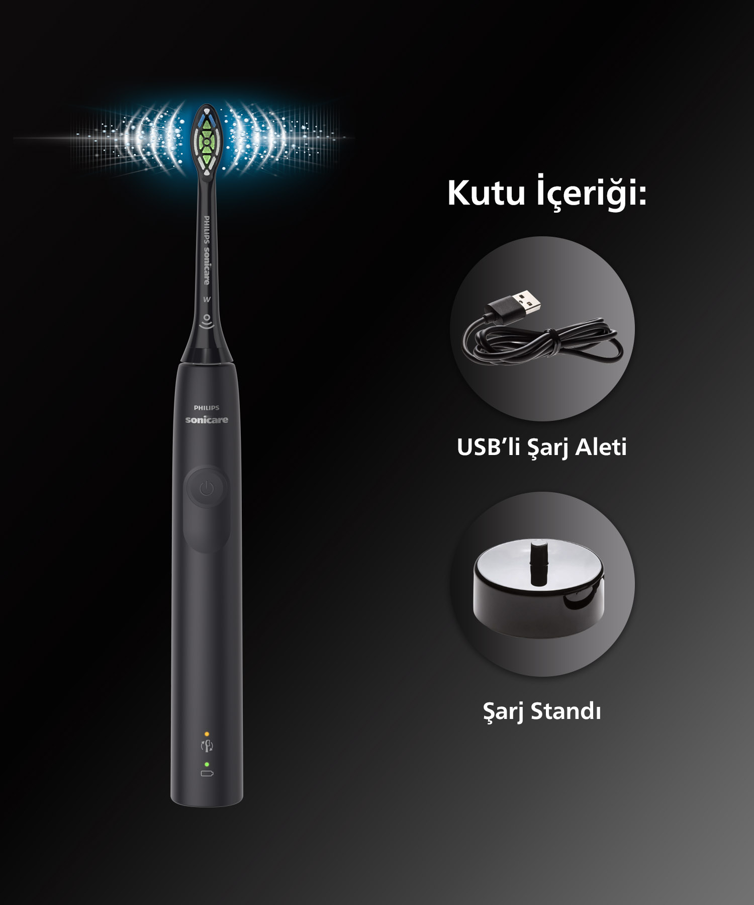 Philips Sonicare elektrikli diş fırçası ve şarj standı.