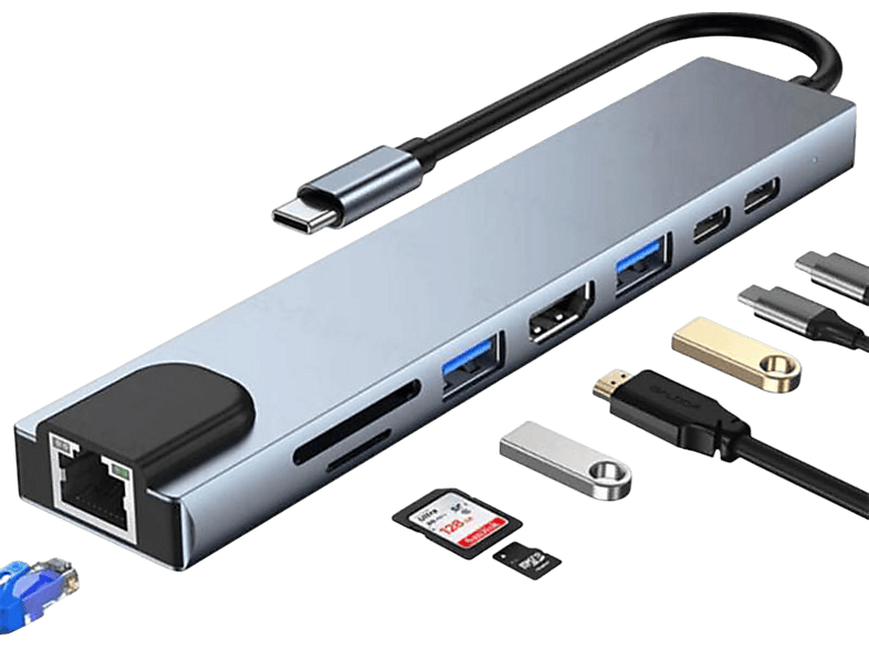 SHAZA 8in1 USB Type-C Hub Port Adaptör HDMI USB Ethernet PD Girişli