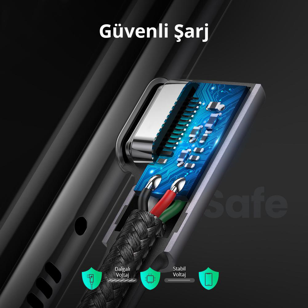 İç bileşenleri görülebilen şarj kablosunun yakın çekimi. Güvenli şarj simgeleri mevcut.