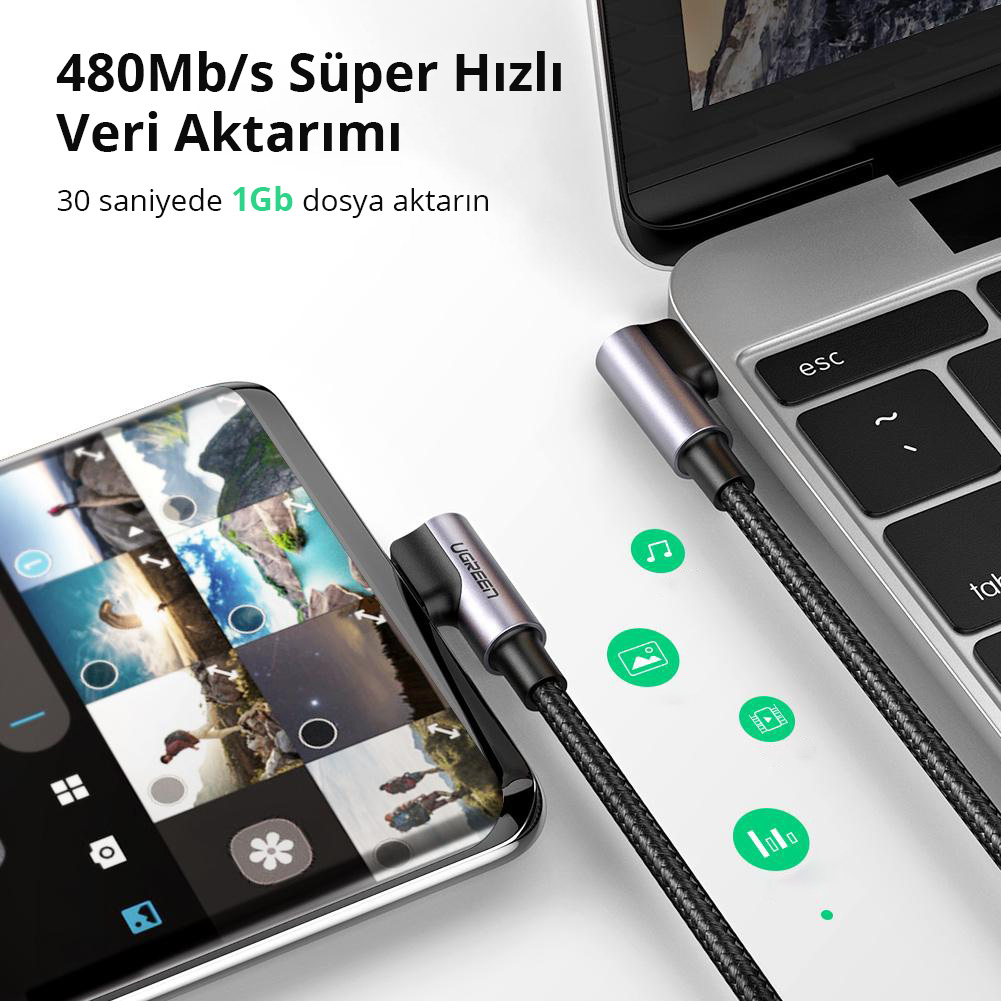 Telefon ve dizüstü bilgisayar UGREEN kablosuyla bağlı. Telefon fotoğraf galerisini gösteriyor. Dizüstü bilgisayar dosya aktarım hızını gösteriyor.