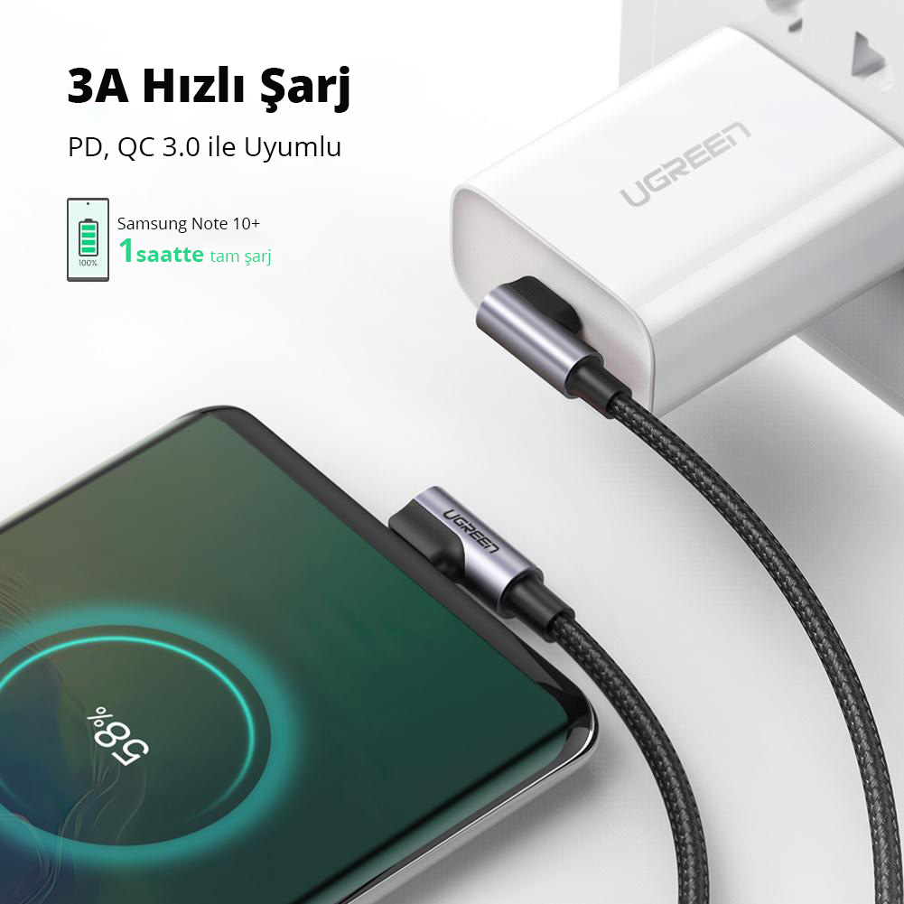 Bir telefon, UGREEN şarj cihazı ve kablosuyla şarj oluyor. Metin: 3A Hızlı Şarj, PD, QC 3.0 Uyumlu.