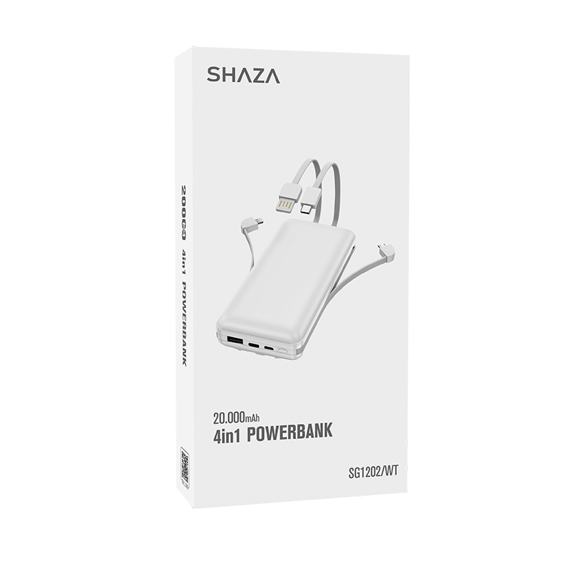 Beyaz powerbank kutusunda, kablolar ve marka adı ile.