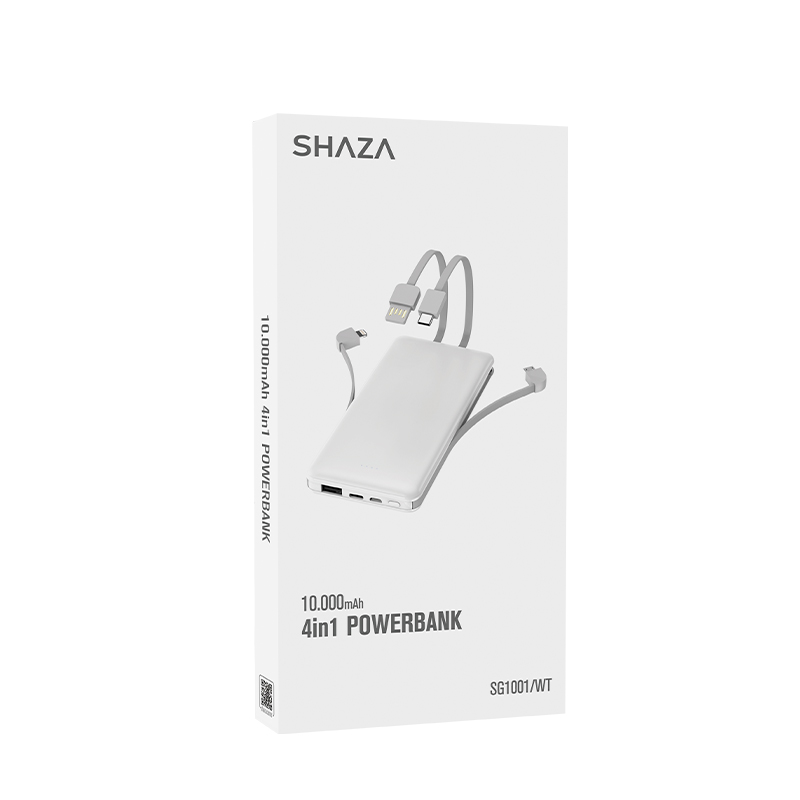 Beyaz bir powerbank'li beyaz kutu. Kutuda 10.000mAh 4in1 POWERBANK yazıyor.