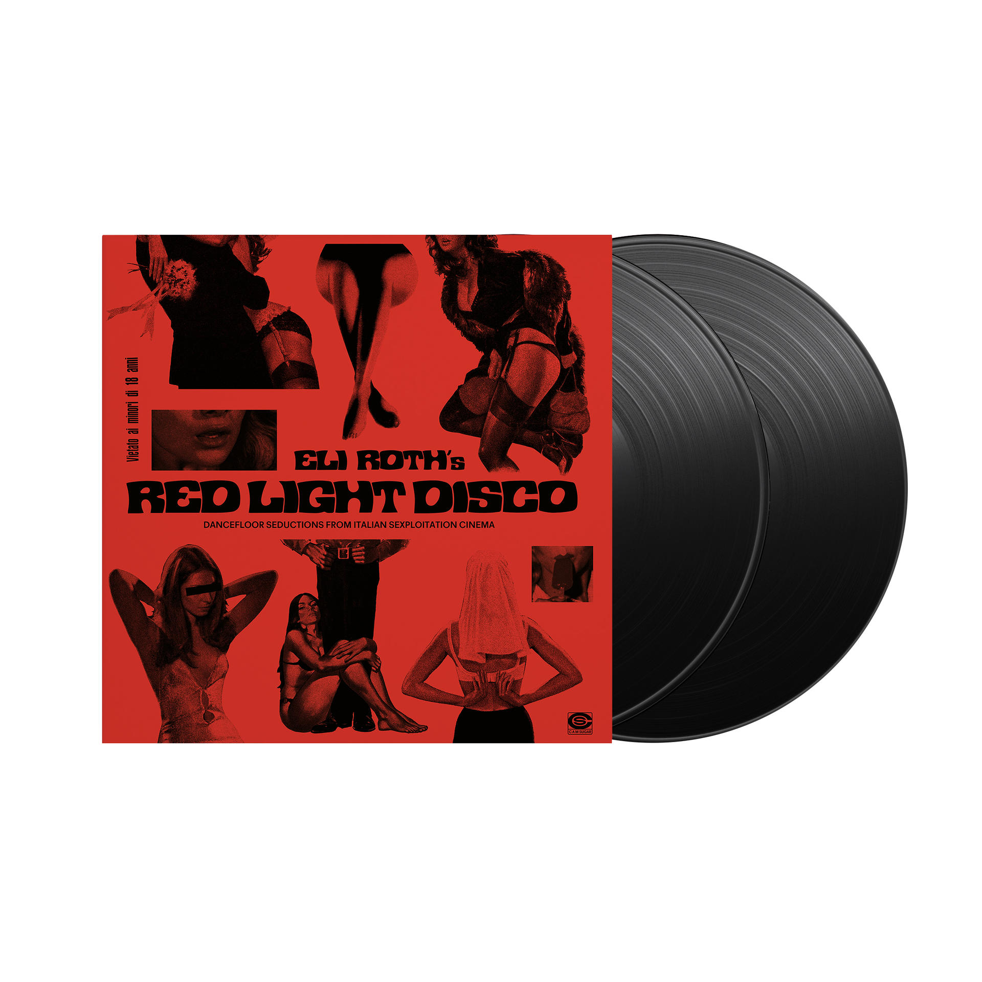 Albumcover für Eli Roths Red Light Disco. Enthält sexualisierte Bilder und zwei schwarze Vinylplatten.