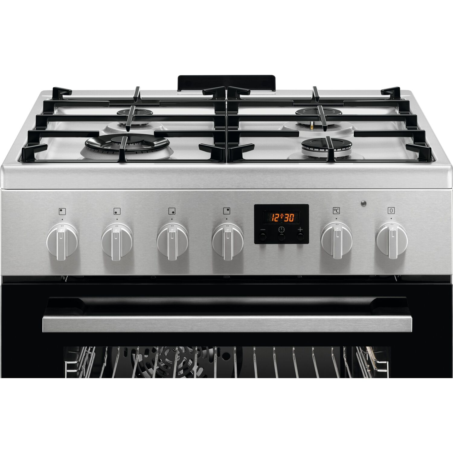 Silver stove with black burners, knobs, digital display, and oven door.
