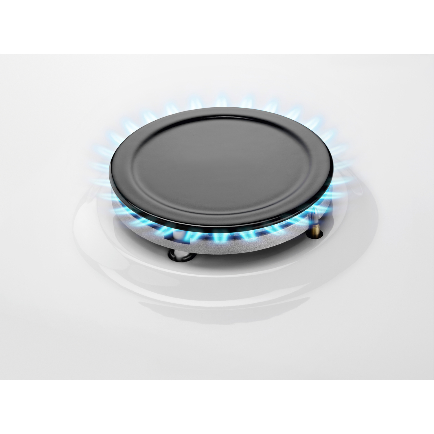 A white stove burner with a black circle on top. Blue flames are visible.