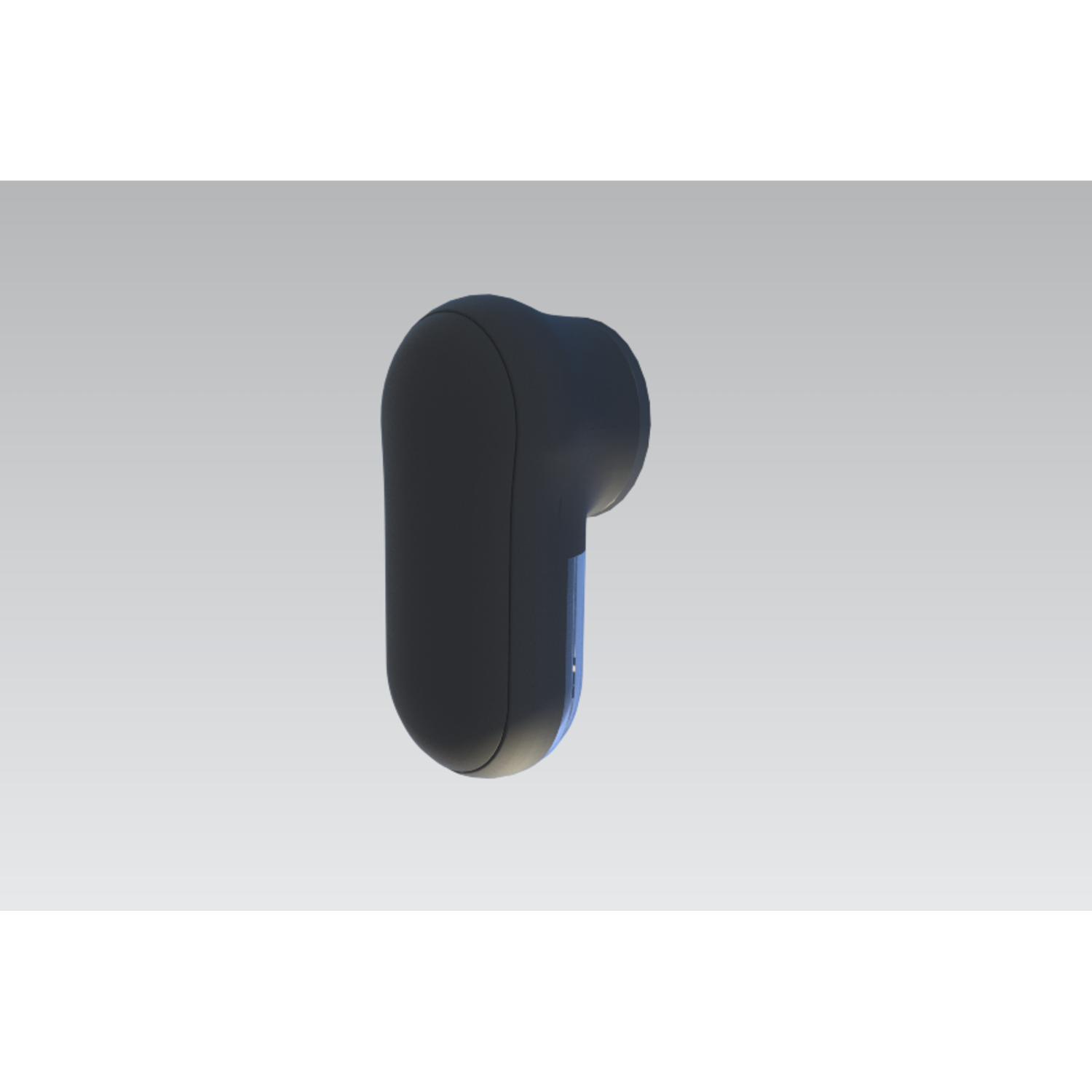 Black earbud, side view. Oval shape. Blue light.