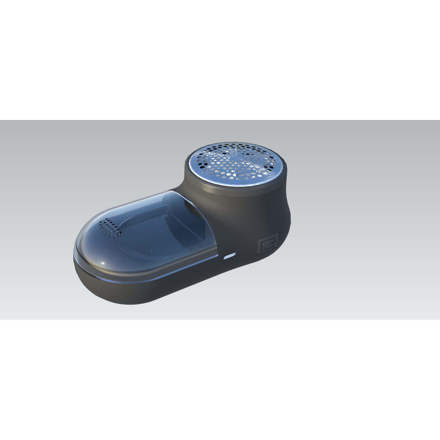 A black clothes shaver with a clear waste compartment.