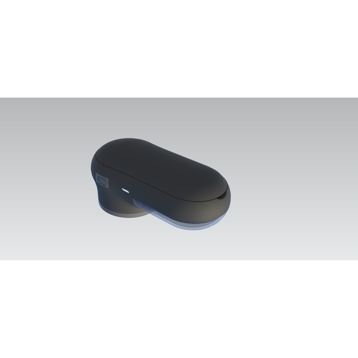 Black earbud, angled view. Oval shape. Blue light.