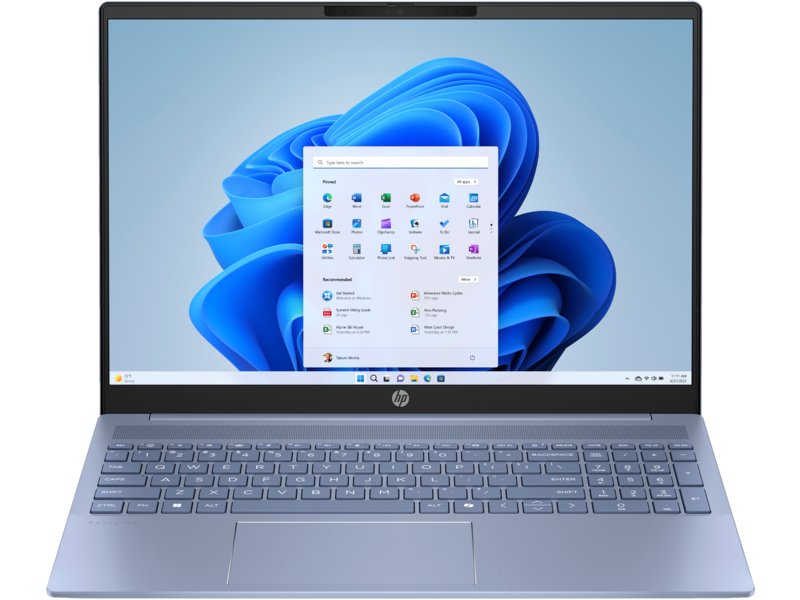Kék HP laptop. Windows 11 képernyő. Billentyűzet látható. Fekete háttér.