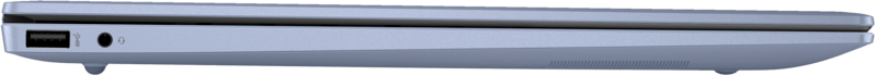 Világoskék laptop oldalsó nézete, portokkal. USB és audio csatlakozó látható.
