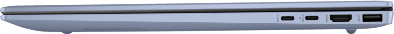 Kék laptop oldalsó nézete portokkal, USB-C-t, HDMI-t és egyéb csatlakozókat mutatva.