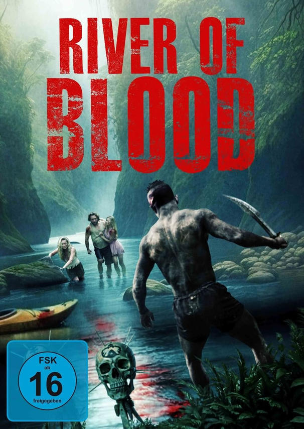 Filmposter: River of Blood. Ein Mann mit Machete im Fluss, Menschen im Hintergrund.