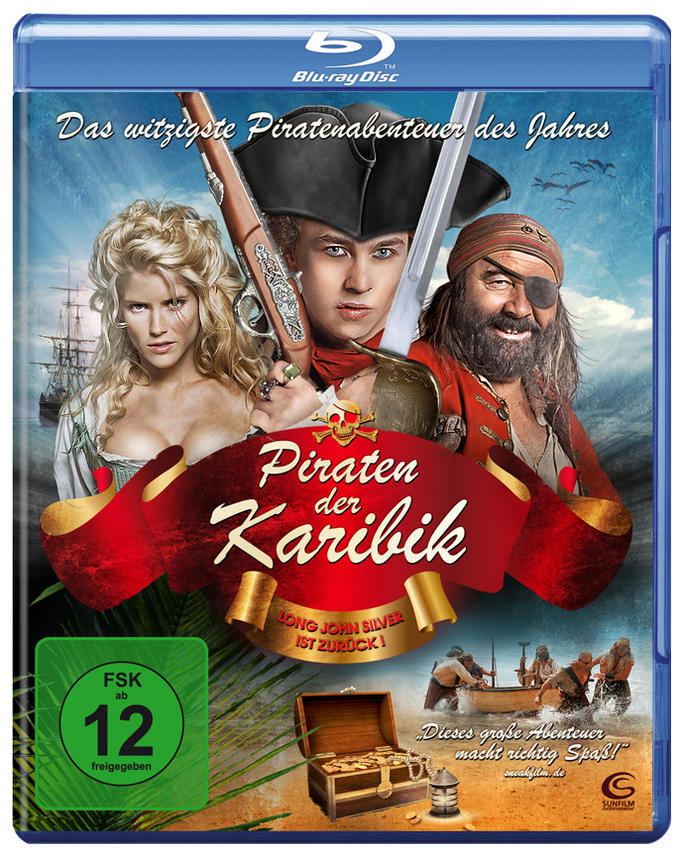 Blu-ray-Cover: Fluch der Karibik. Schauspieler, Titel, Schiff und Schatzkiste auf blauem Hintergrund.
