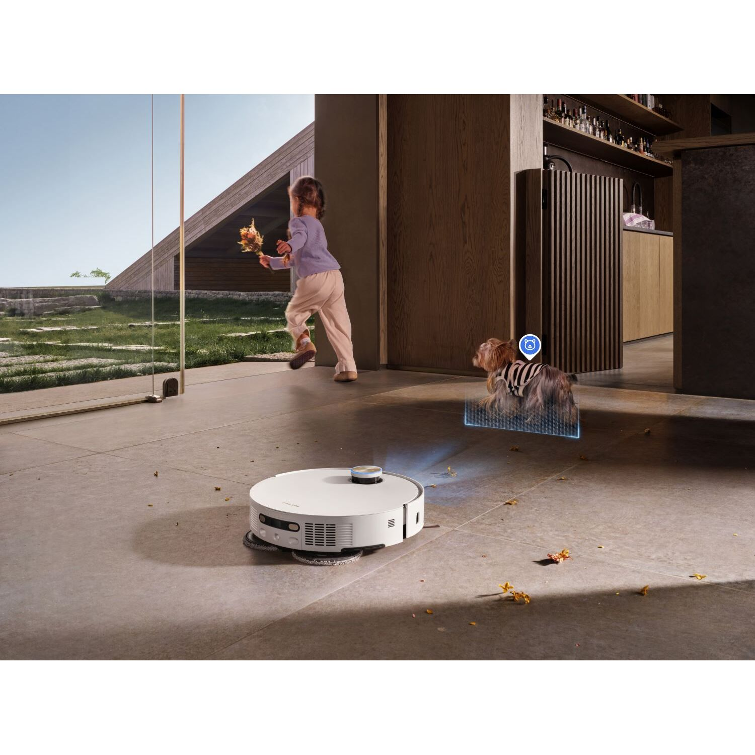 Robot vacuum cleaner cleaning, child runs by, with a dog icon.