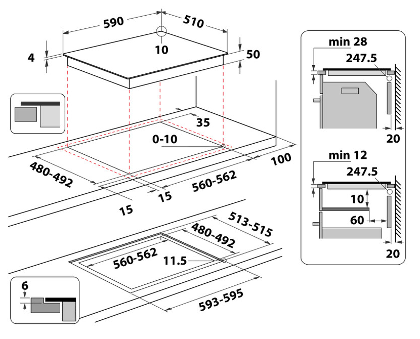 Fekete főzőlap diagramja méretekkel és kivágási méretekkel a telepítéshez.