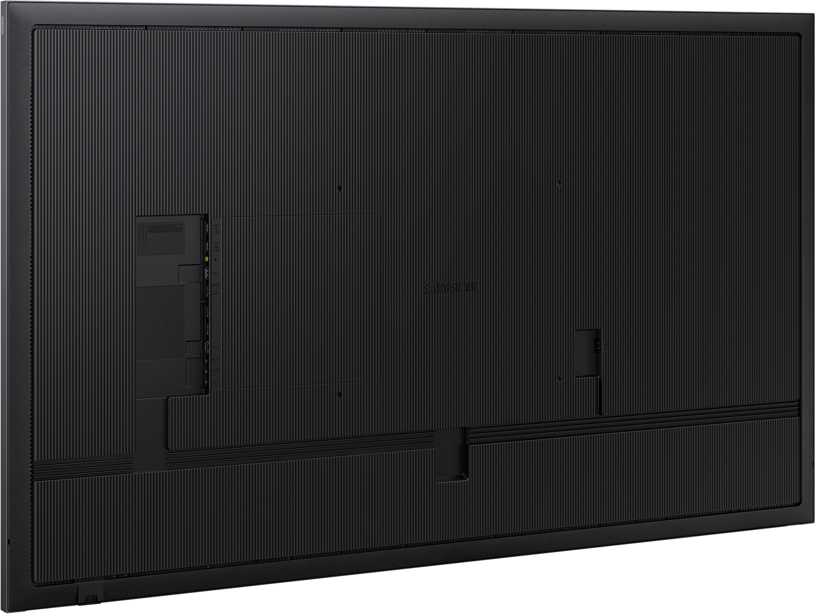 Schwarze TV-Rückseite mit Anschlüssen und strukturierter Oberfläche. Samsung-Logo sichtbar.