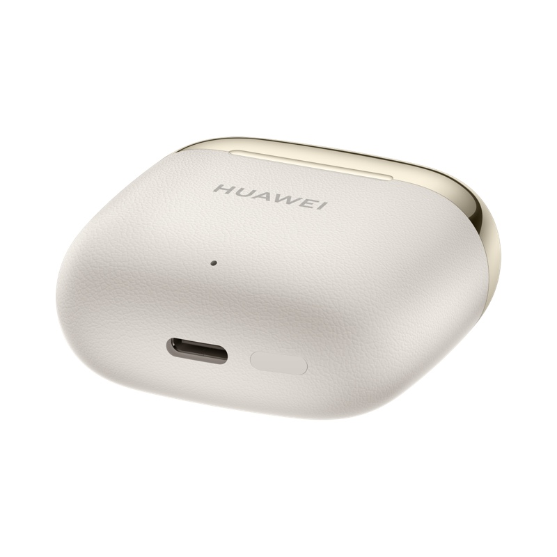 Beyaz ve altın renkli bir Huawei kulaklık şarj kutusu.