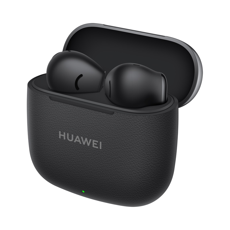 Açık kutuda siyah Huawei kulaklıklar. Kutu, Huawei logosuyla dokulu.