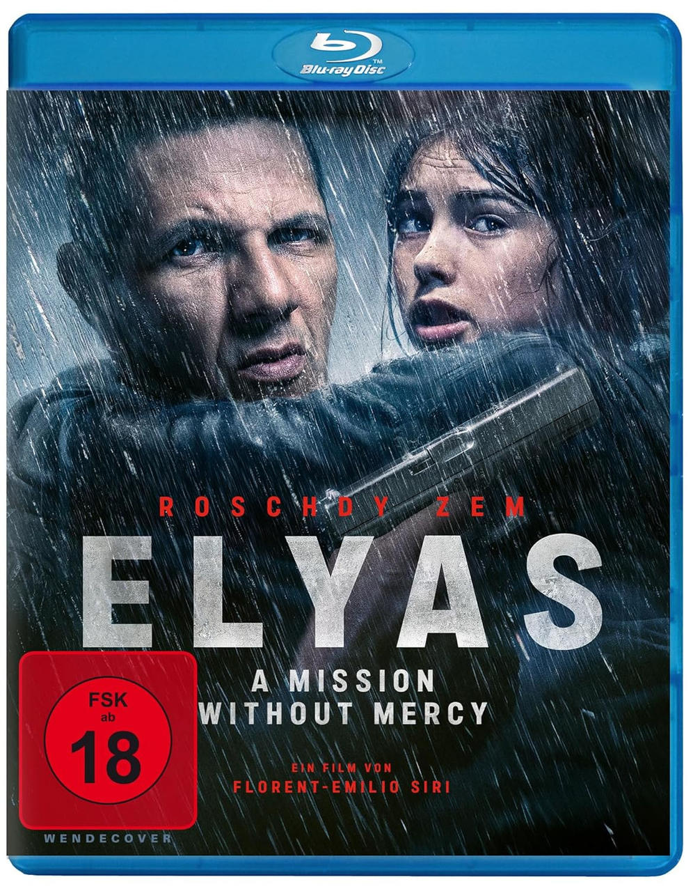 Filmcover mit zwei Personen, Titel ist Elyas. Ein Mann hält eine Waffe. Text auf Deutsch.