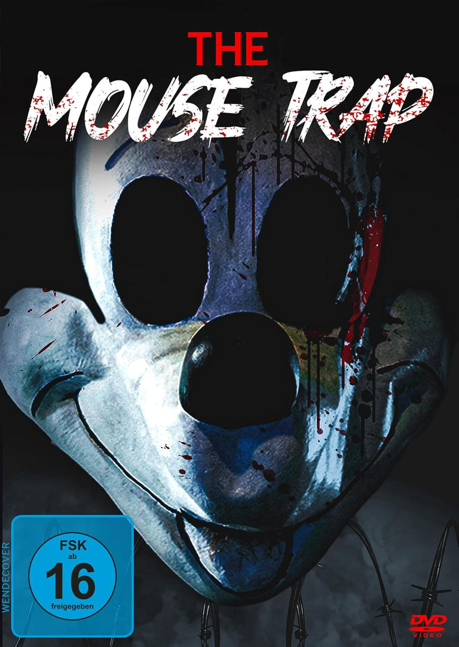 Filmposter: The Mouse Trap. Eine verzerrte Mickey Mouse-Maske mit Blutspritzern.