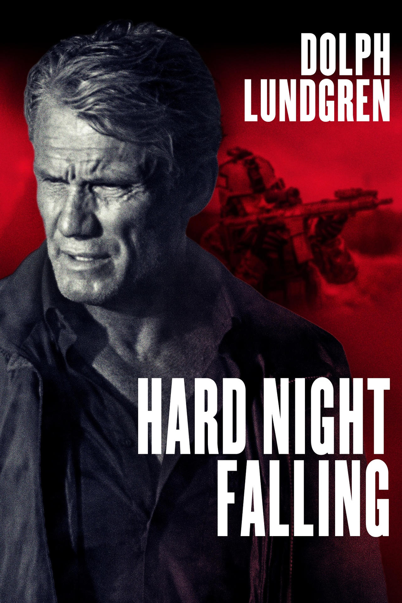 Filmposter mit Dolph Lundgren. Er schaut ernst vor rotem Hintergrund mit Soldaten.
