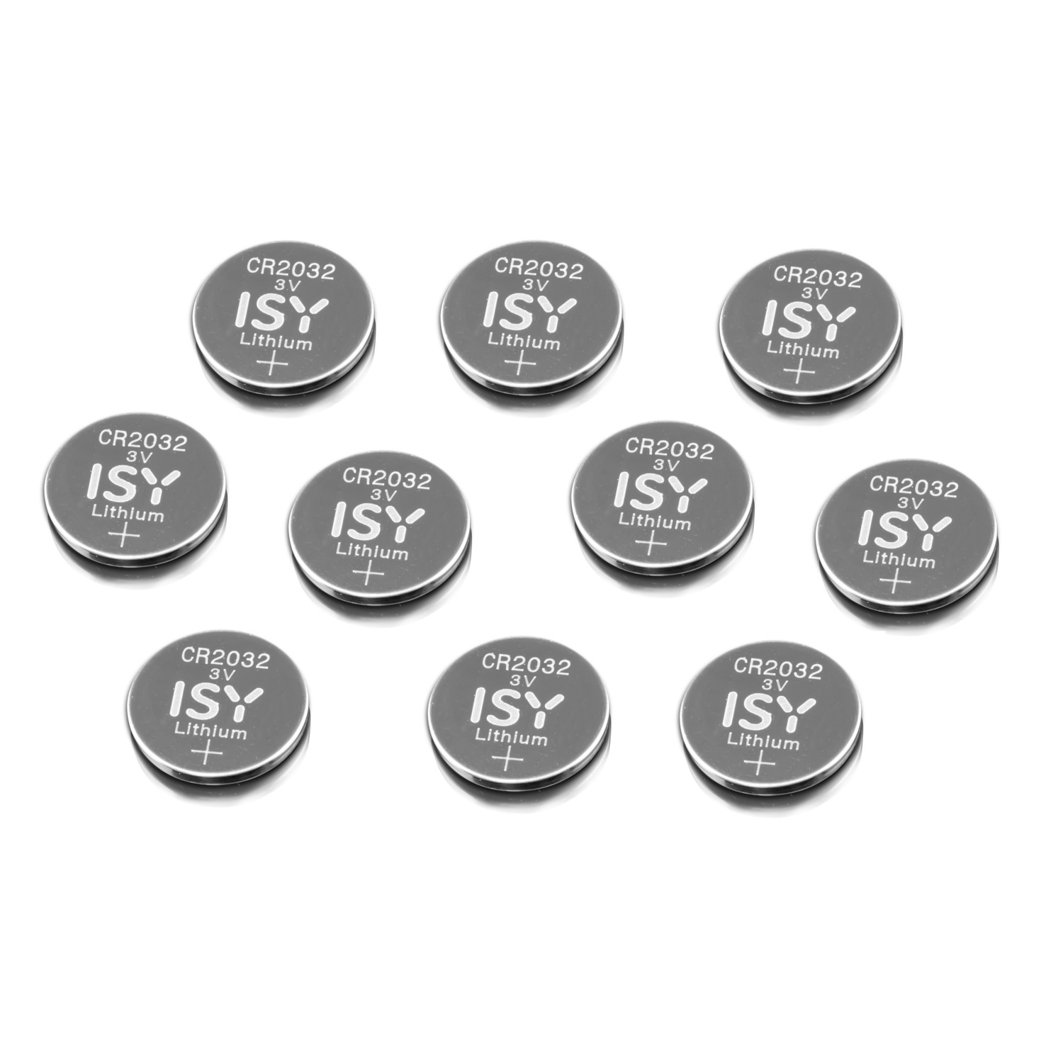 Ten small, silver CR2032 batteries, each with 'ISY 3V Lithium +' printed on them.