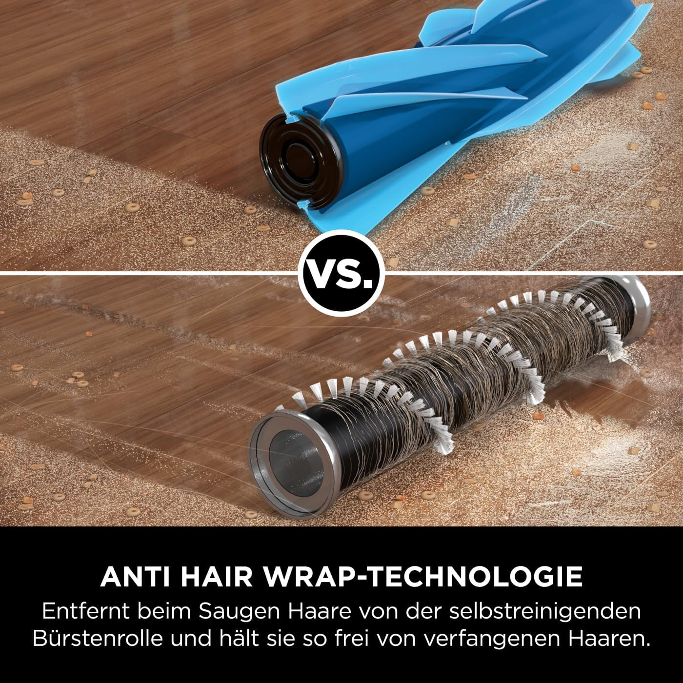 Oben: blaue Staubsaugerbürste. Unten: Bürste mit Haaren. Sie befinden sich auf einem Holzboden.