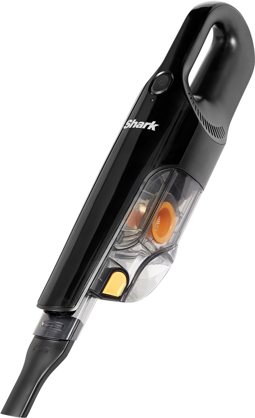 Un aspirapolvere portatile nero Shark, angolato, con un contenitore della polvere trasparente.