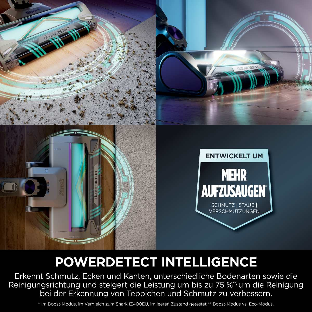 Staubsauger in Aktion, reinigt eine Oberfläche. Text auf Deutsch über PowerDetect Intelligence.