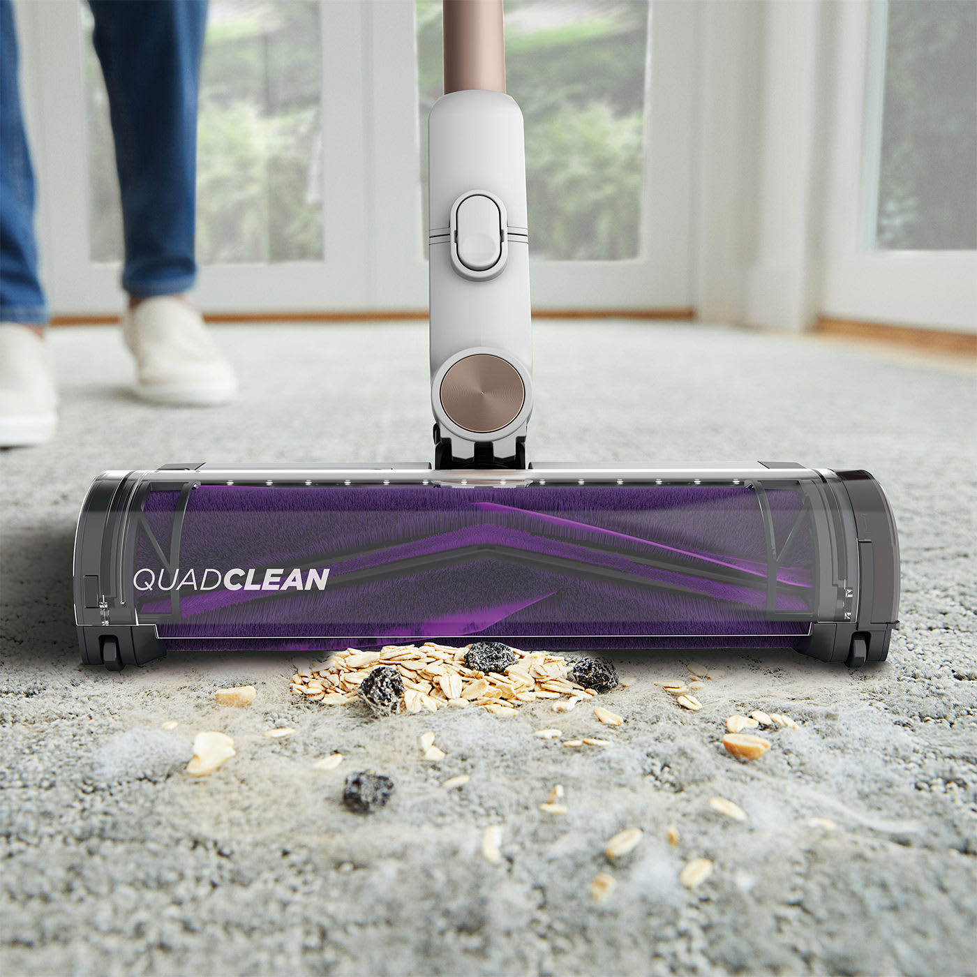 Un aspirapolvere pulisce un tappeto con una miscela di avena, semi e briciole sopra.