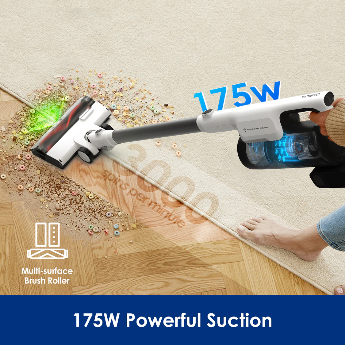 Viene mostrato un aspirapolvere con una potente aspirazione da 175W.