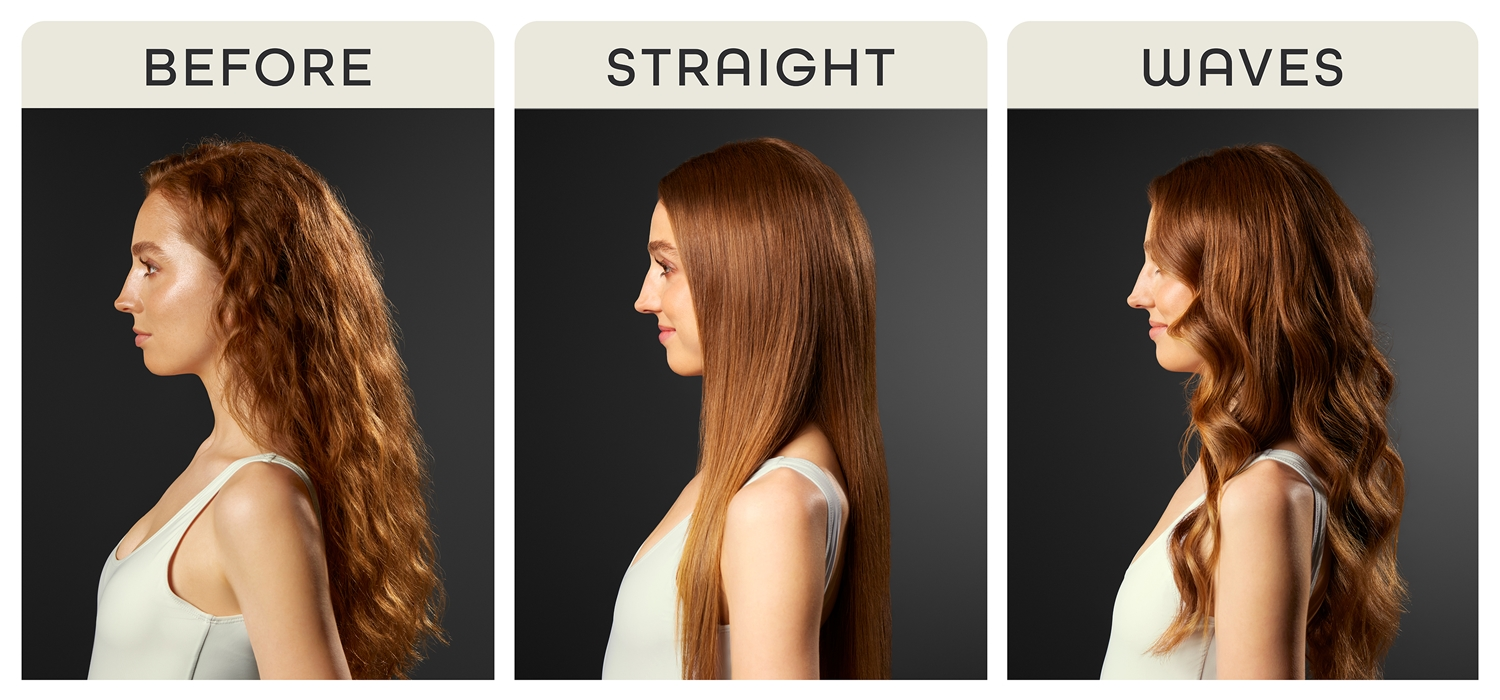 Drei Frisuren: vorher, glatt und Wellen, die Styling-Optionen auf dunklem Hintergrund zeigen.