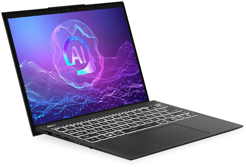 Fekete laptop AI grafikát megjelenítő képernyővel. A billentyűzet megvilágított. Szögletes felvétel.