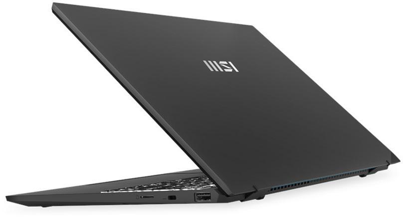 Fekete laptop, nyitva, szögből. MSI logó a fedélen. Billentyűzet látható.