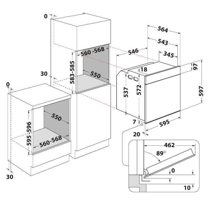 Beépített konyhai készülékek méreteit ábrázoló diagram.