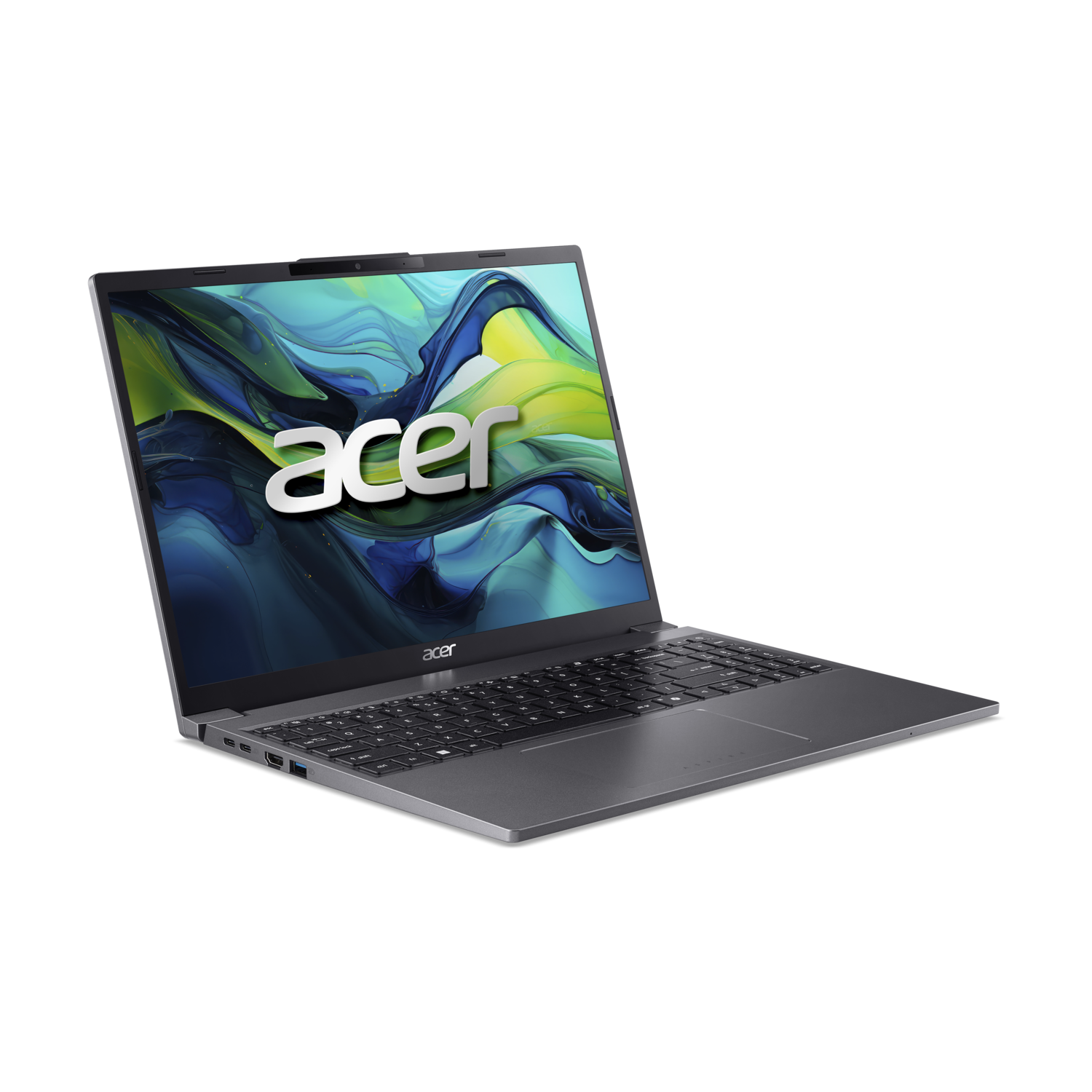 Acer laptop op zwart. Scherm toont logo en kleurrijk abstract. Donkergrijze behuizing op donkere achtergrond.