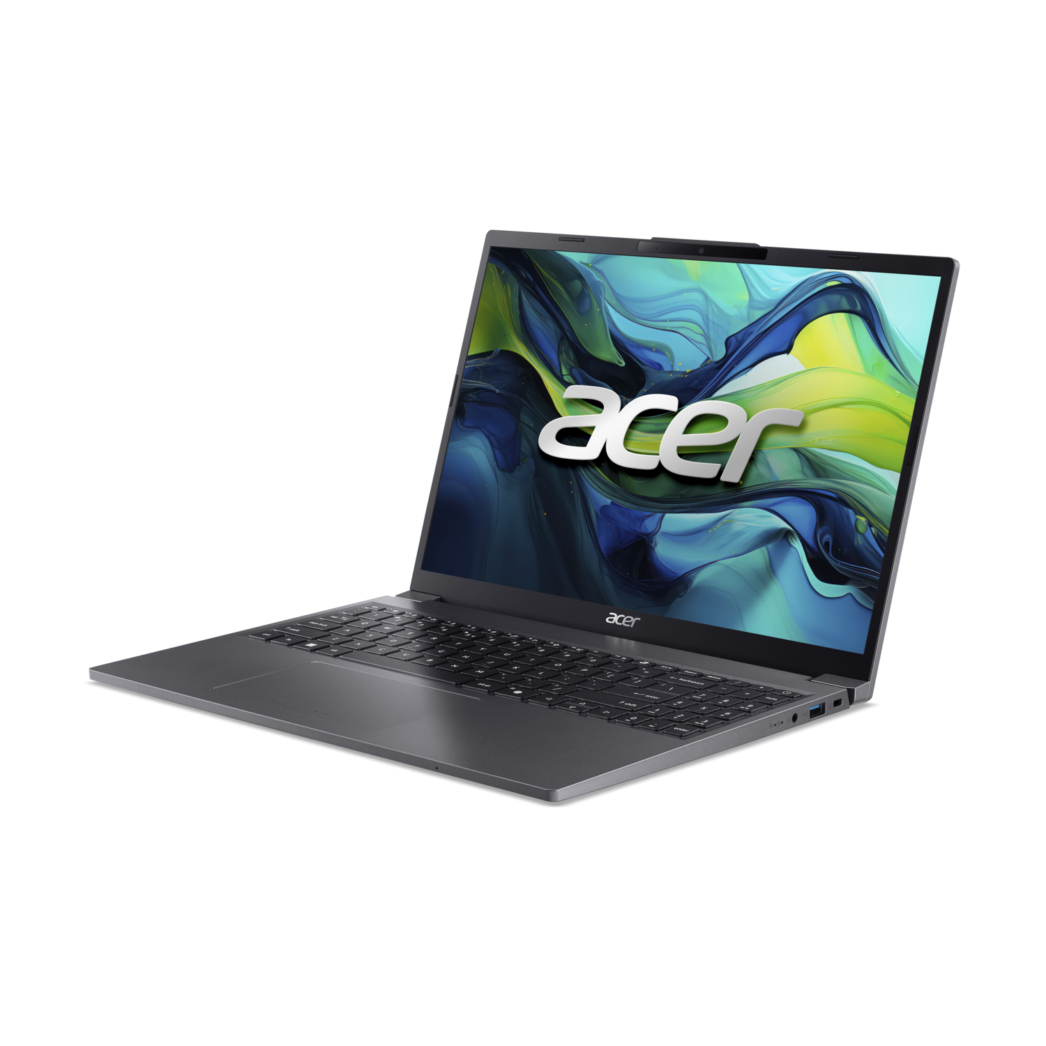 Acer laptop op zwart. Scherm toont logo en kleurrijk abstract. Donkergrijze behuizing op donkere achtergrond.