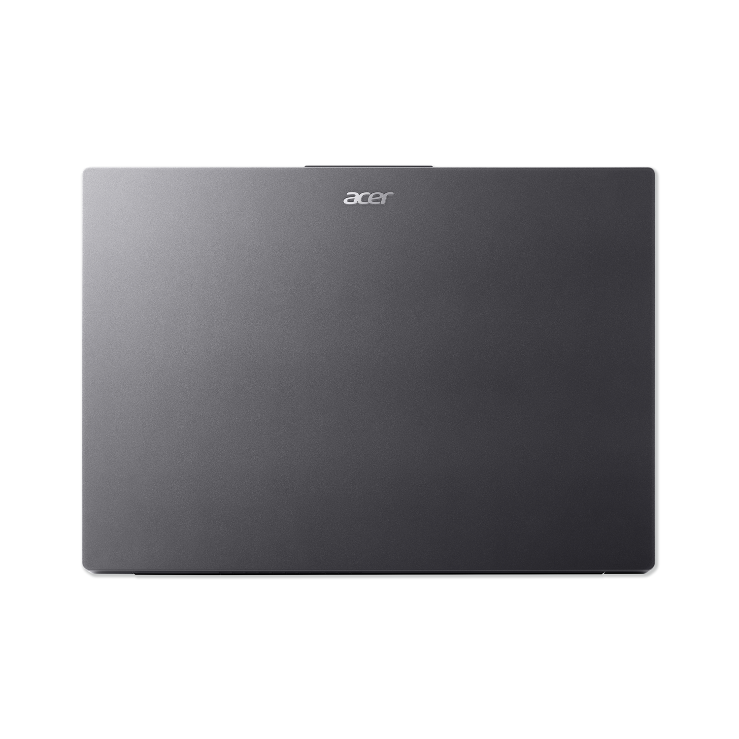 Acer laptopdeksel, donkergrijs, op zwarte achtergrond. Acer-logo is zichtbaar in het midden van het deksel.