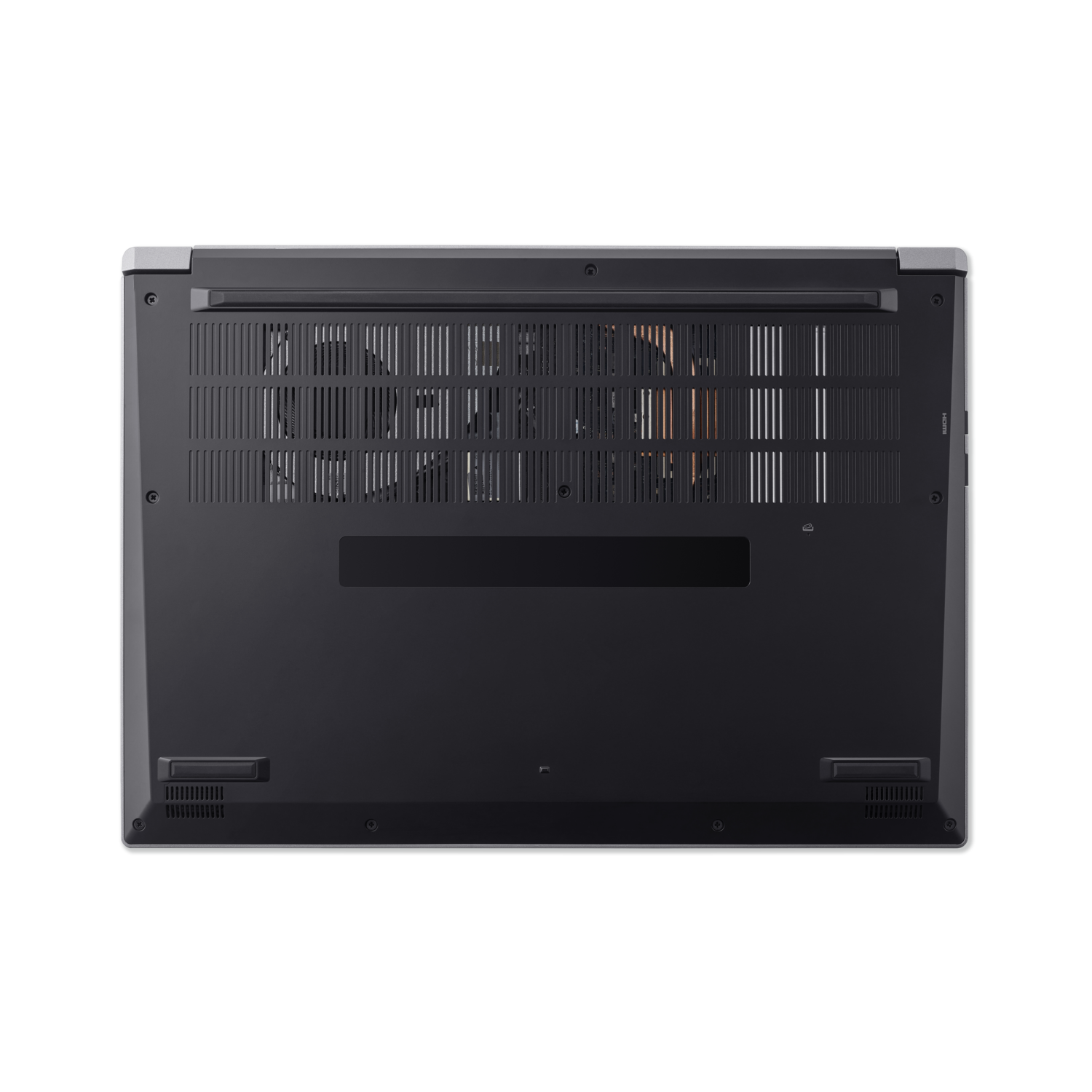 Zwarte laptopbasis met ventilatiegaten en een kleine HDMI-poort.