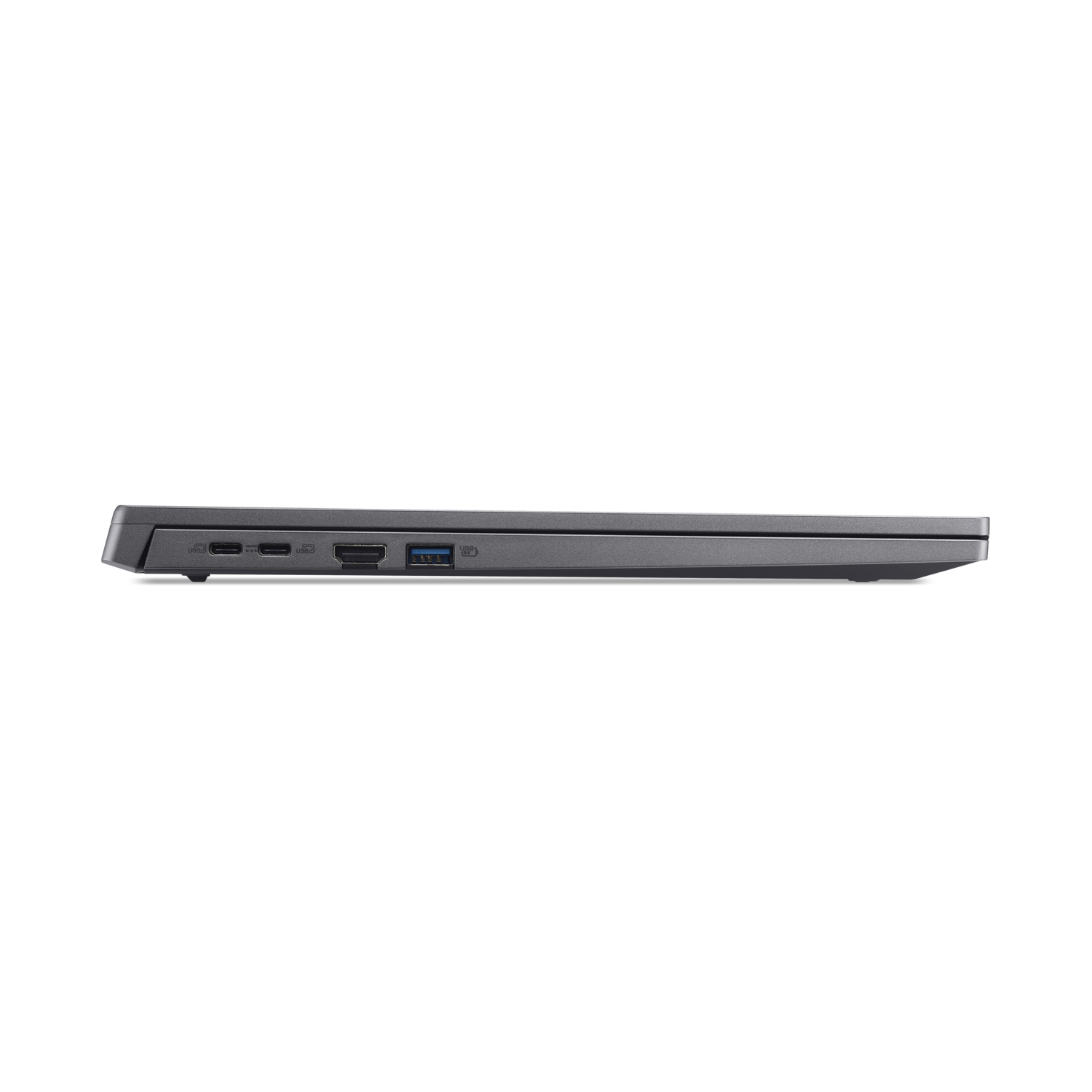 Zijaanzicht van donkergrijze Acer laptop. Poorten zijn zichtbaar. Zwarte achtergrond.