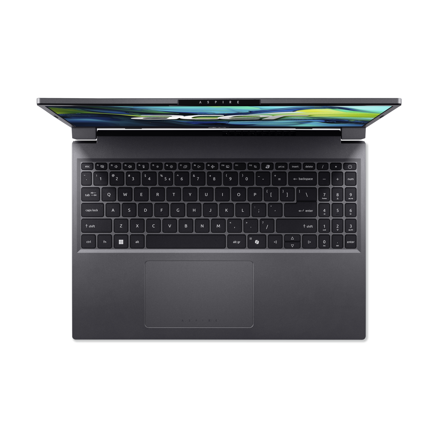 Acer laptop, bovenaanzicht, open. Toetsenbord zichtbaar, zwarte toetsen, zilveren behuizing, zwarte achtergrond.