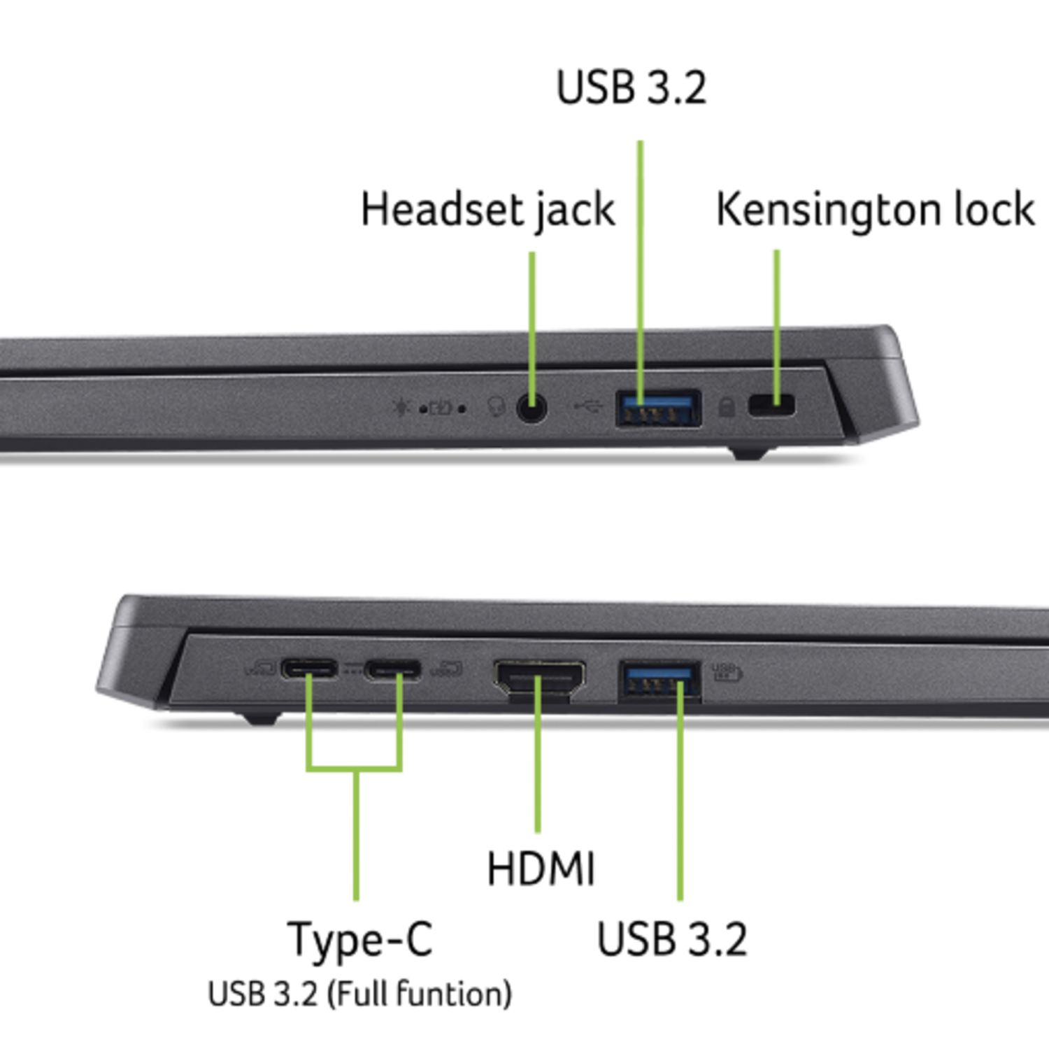 Close-up van Acer laptop poorten. USB, HDMI en stroompoorten links. USB- en audiopoorten rechts.