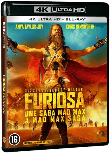 Couverture de film: Mad Max. Homme avec barbe et femme avec arme. Fond de feu.