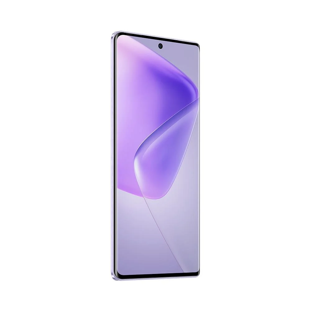 Mor ekranlı akıllı telefon, yan görünüm, beyaz arka plan üzerinde.