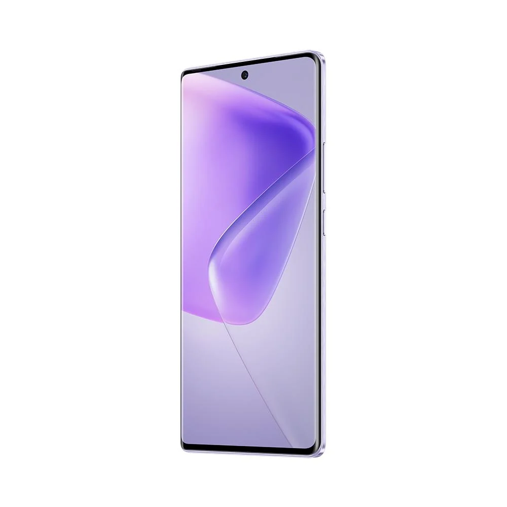 Ekranı açık mor bir akıllı telefon, açılı, beyaz bir yüzeyde, açık renkli bir arka plan ile.