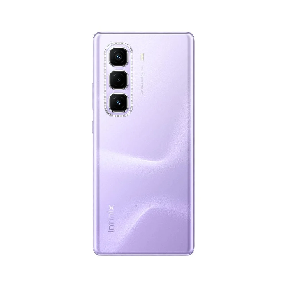Arkada üç kamerası olan mor bir akıllı telefon. Telefon yüzü yukarı bakacak şekilde duruyor.