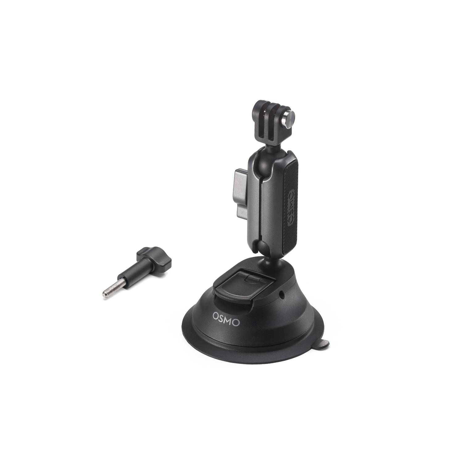 Zwarte Osmo zuignaphouder voor action cam. Een schroef en de houder op witte achtergrond.