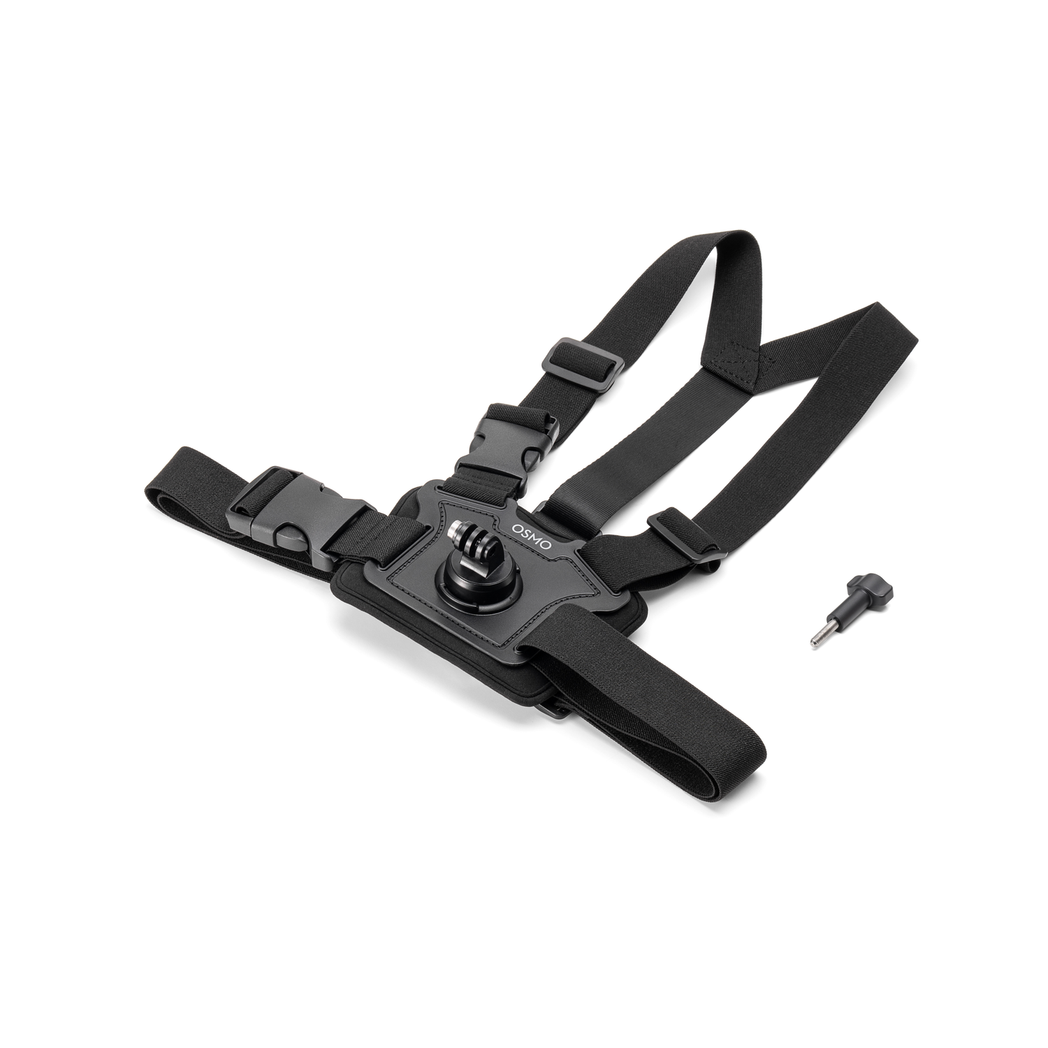 Black Osmo chest strap mount for action camera. Screw is on the right side. White background.