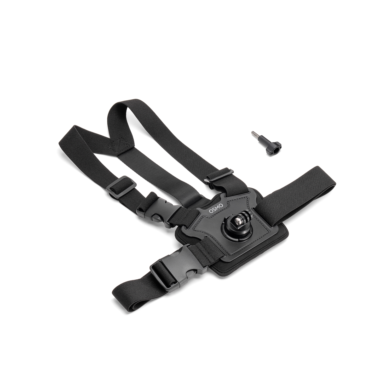 A black chest strap with a camera mount and screw.